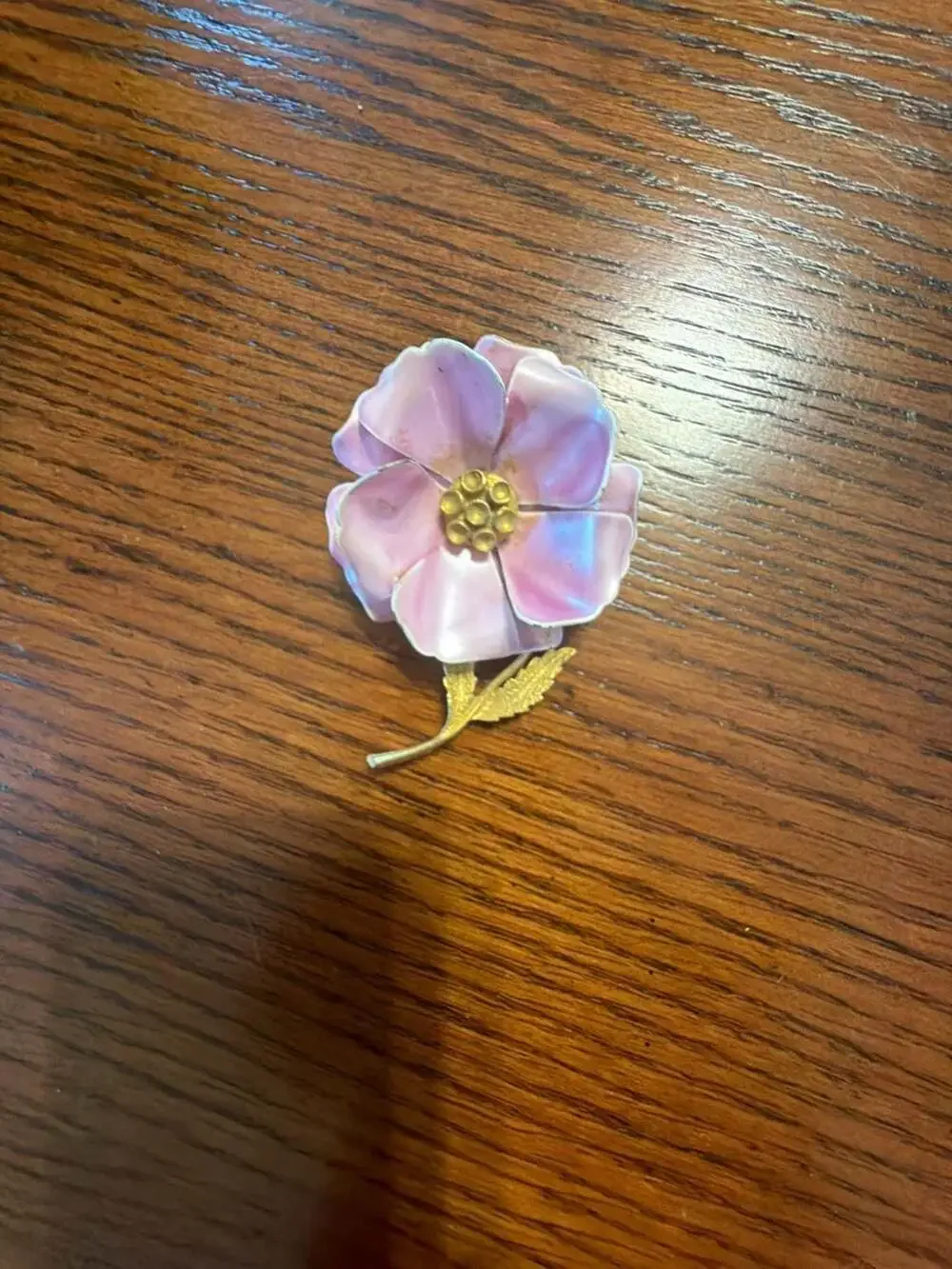 Vintage Pink Enameled Flower Brooch with Gold Tone Stem
